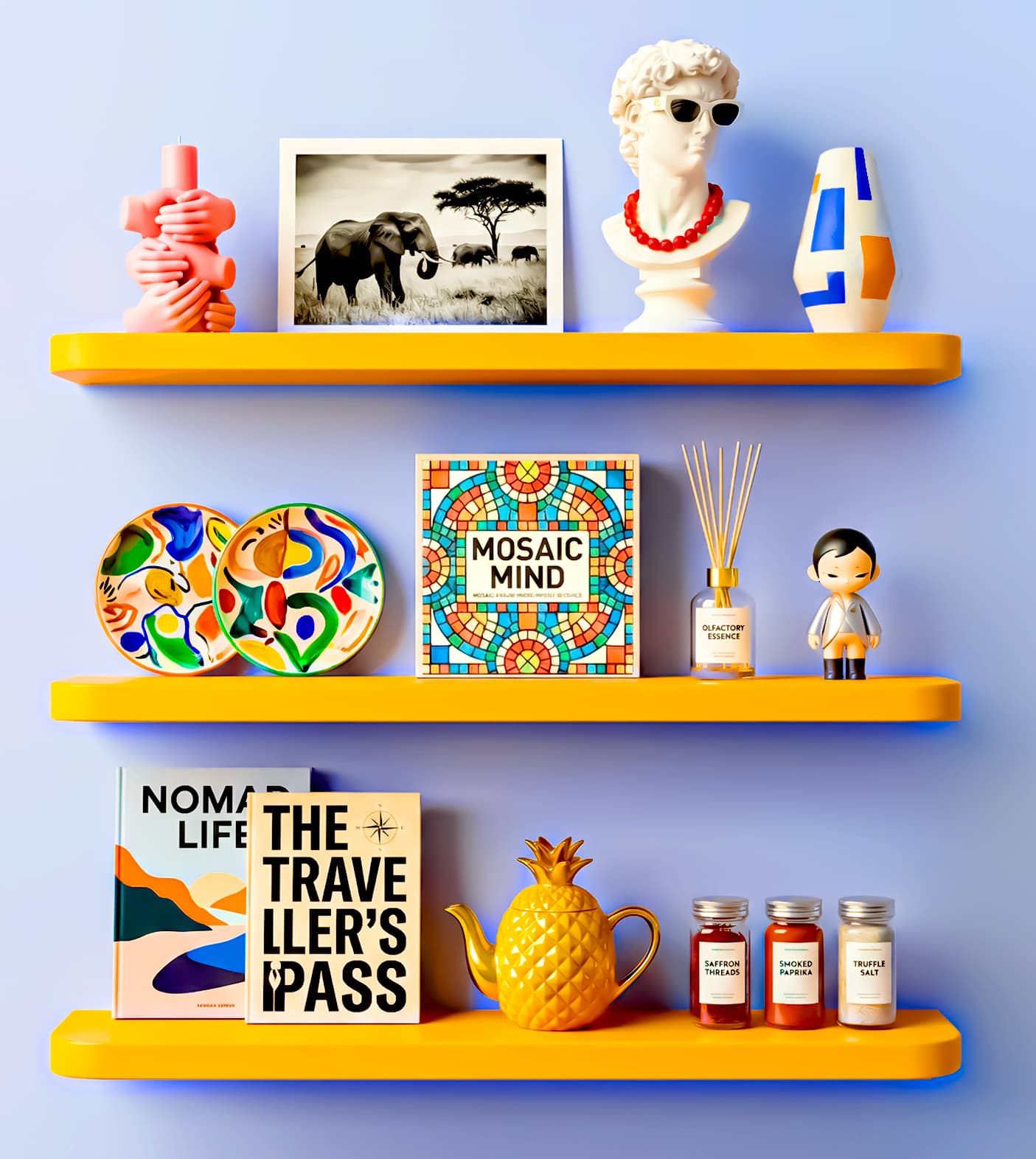 Curated hero shelf composition with products